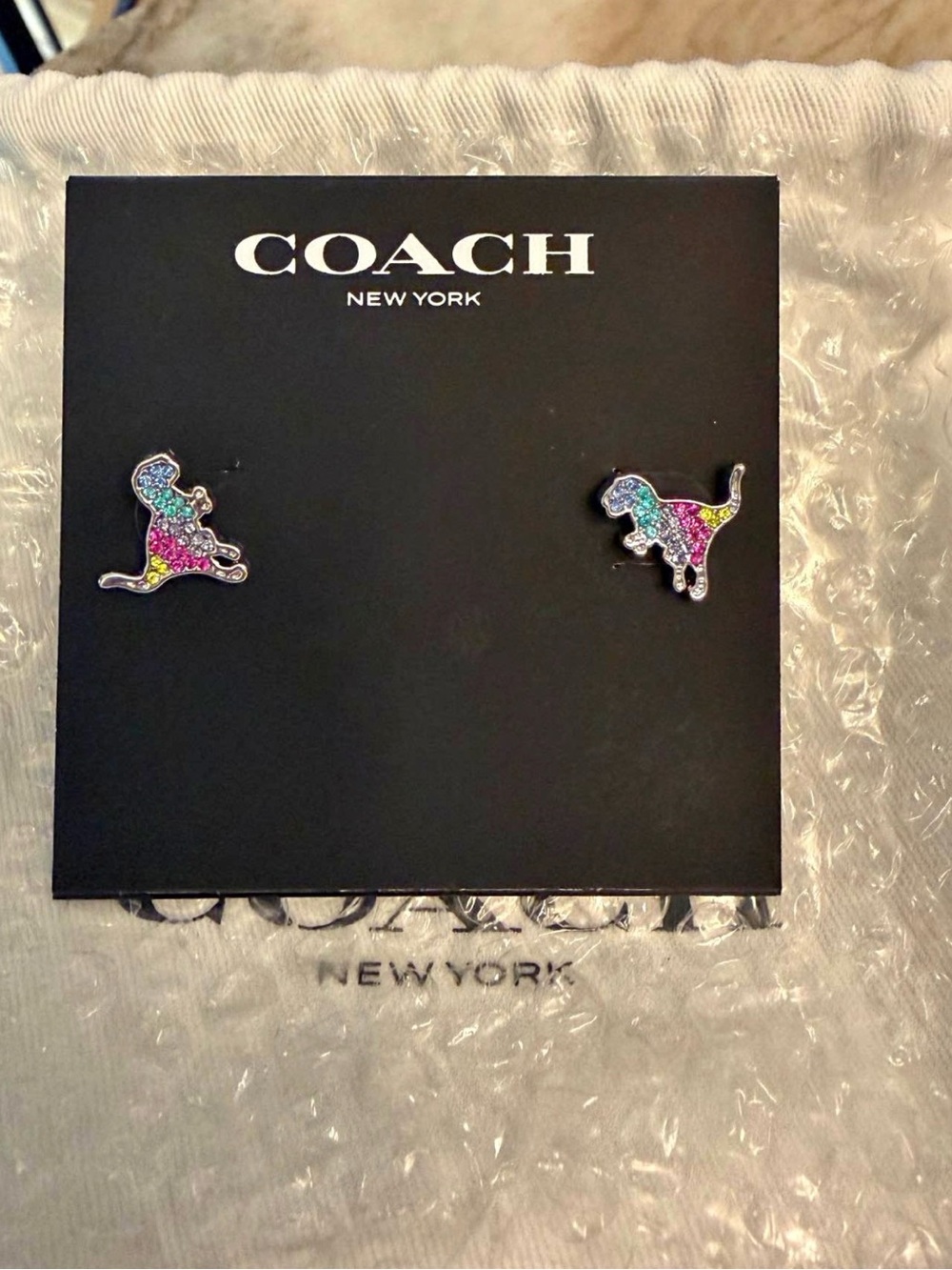 NWT Coach Pavé Rexy Swarovski Crystal Dinosaur Stud Earrings w/ pouch - Picture 2 of 5